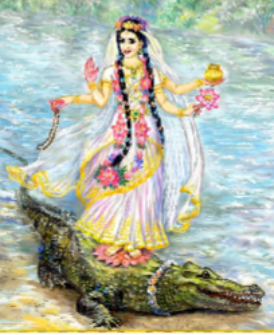 Painting of Maa Narmada, the river goddess, riding a crocodile on the sacred river